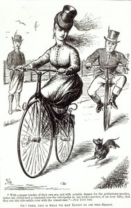 Caricatura de una dama en un velocípedo, 1869 de American School